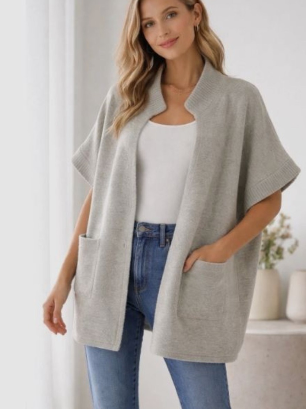 Anthropologie Sweater Cardigan One-Size Wool-Blend Short-Sleeve Gray OS